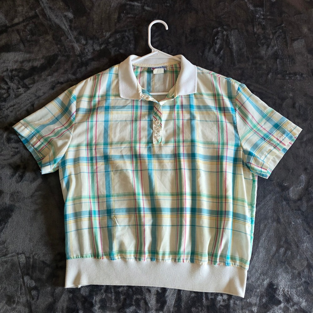 Vintage 80s David Peet Plaid Polo Shirt Short Sleeve Ribbed Hem Made in USA L